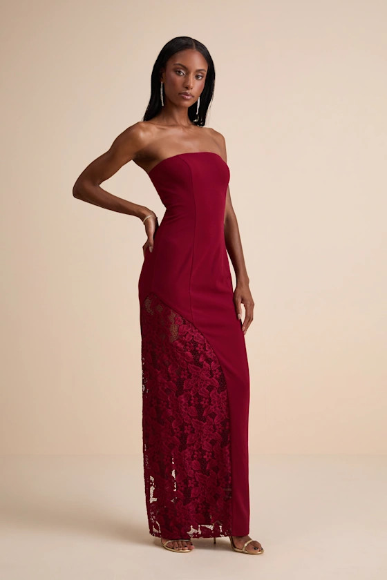 Irresistible Attitude Red Strapless Lace Column Maxi Dress | Lulus