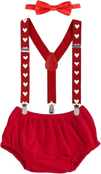 Baby Boys Cake Smash Outfit First Birthday Bloomers Bowtie Suspenders Clothes set | Amazon (US)
