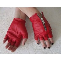 Designer Women's Red Fingerless Genuine Leather Gloves With Zippers Made Italian | Etsy (US)