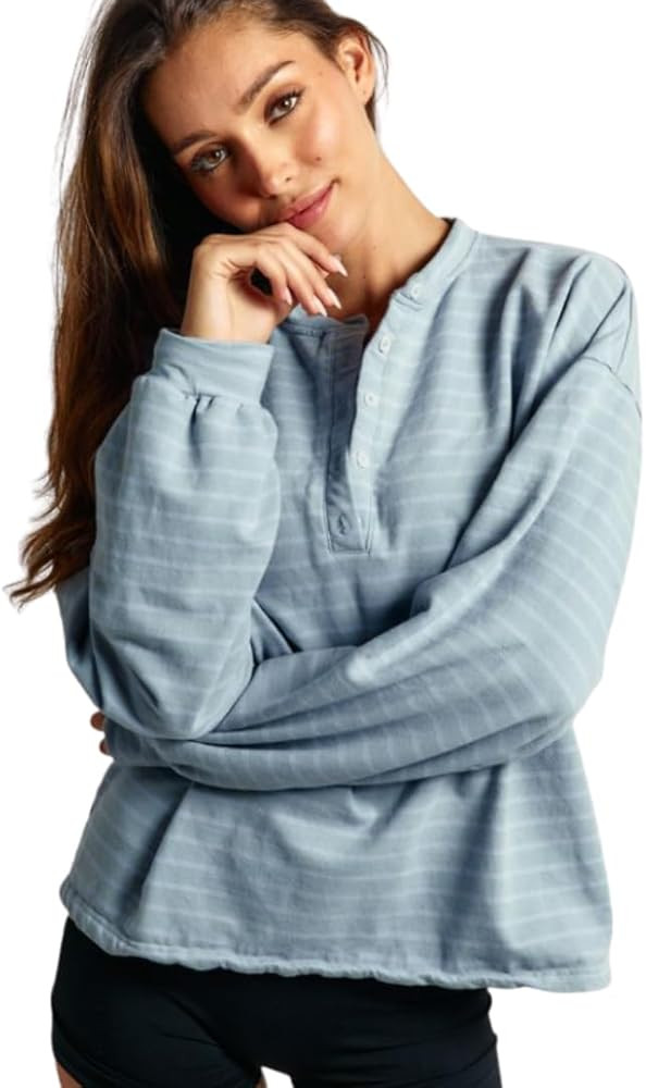 Almere Oversized Cotton Henley Longsleeve Tee, Striped Button Down, Boyfriend Fit | Amazon (US)