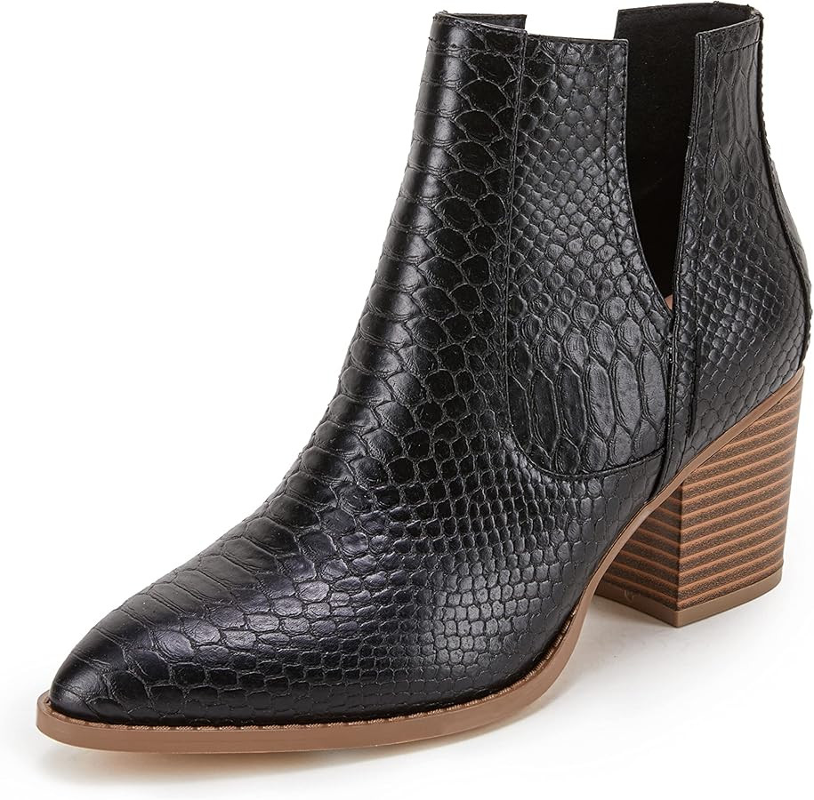 FISACE Womens Pointed Toe Stacked Mid Heel Ankle Boots V Cut Back Zipper Faux Leather Booties | Amazon (US)