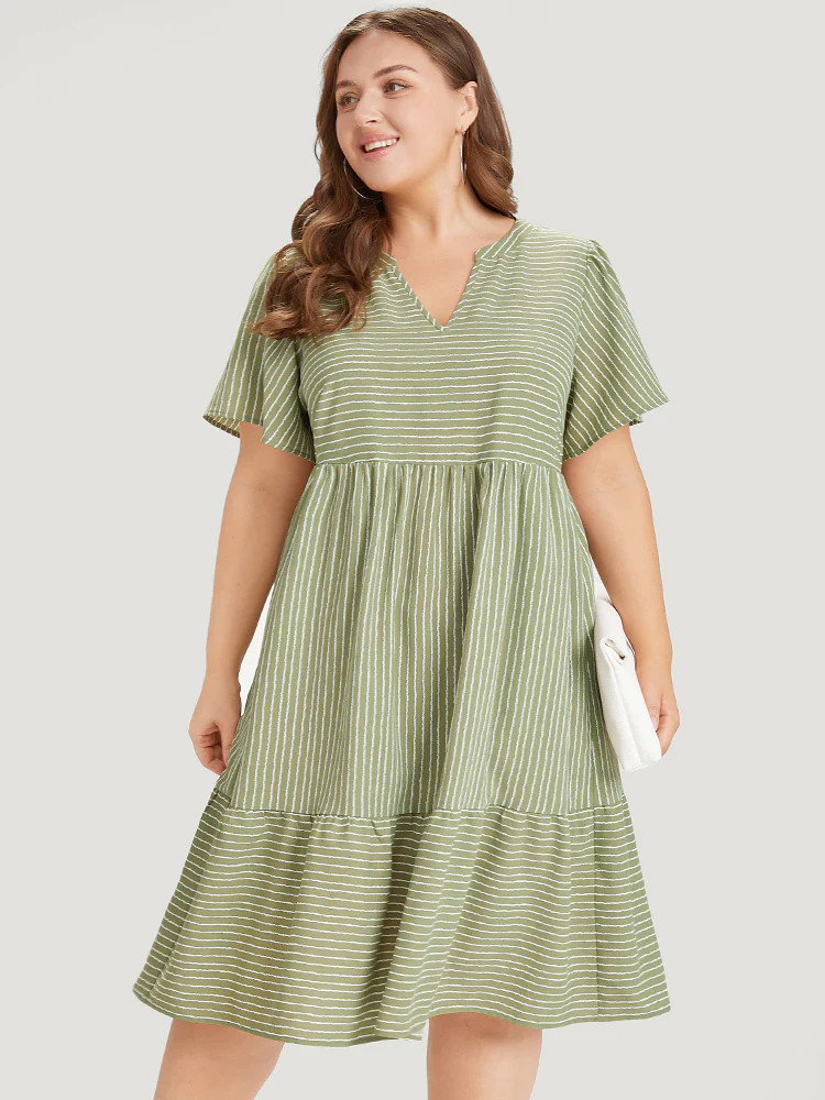 Striped Patchwork Notched Pocket Flutter Layered Dress | Bloomchic