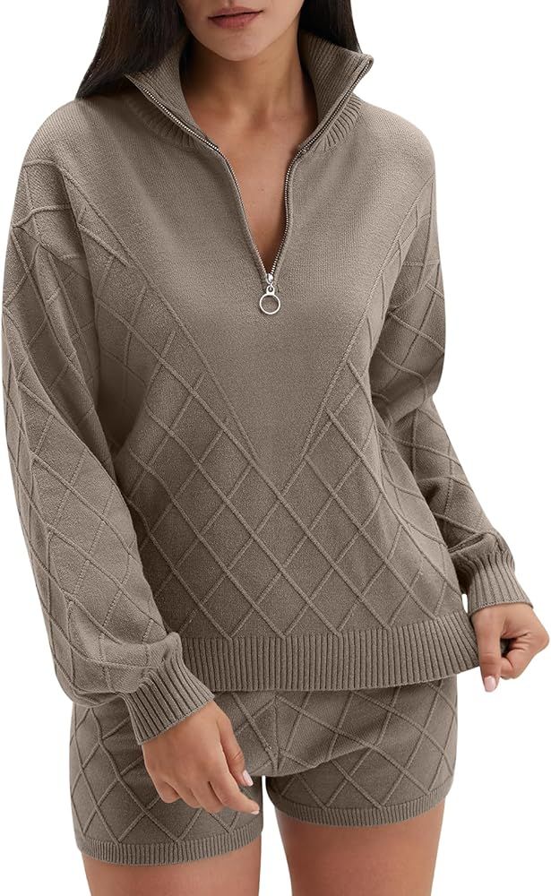 DEEP SELF Women's 2 Piece Outfits Sweater Set Half Zip Cable Knit Collar Long Sleeve Pullover Top an | Amazon (US)