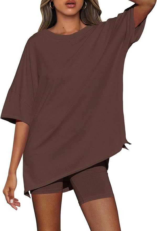 Nirovien Women's 2 Piece Outfits Matching Workout Sets Oversized Reversible T Shirt and Biker Sho... | Amazon (US)