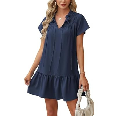 Angashion Womens Summer Mini Dress Short Sleeves V Neck Dresses Ruffle Casual Tie Sun… | Amazon (US)