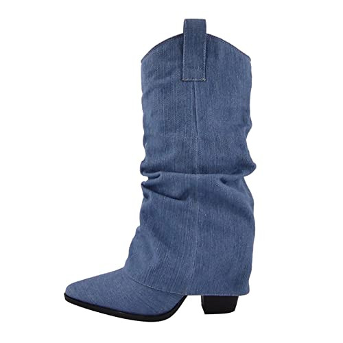 Yolkomo Denim Blue Boots for Women Western Cowboy Boots Wide Calf Distressed Cowgirl Boots Low Heel Embroidered Western Boots Pointy Toe Pull-On Leather Denim Jean Boots Size 6 | Amazon (US)