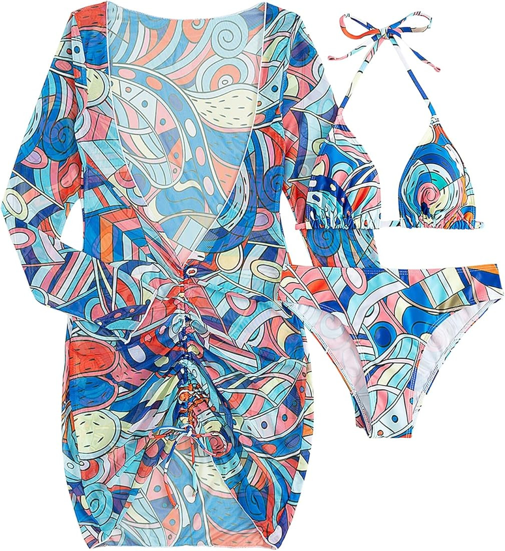 Women's Printed Triangle Halter Bikini Bathing Suit with Cover Up 3 Piece Swimsuits | Amazon (US)