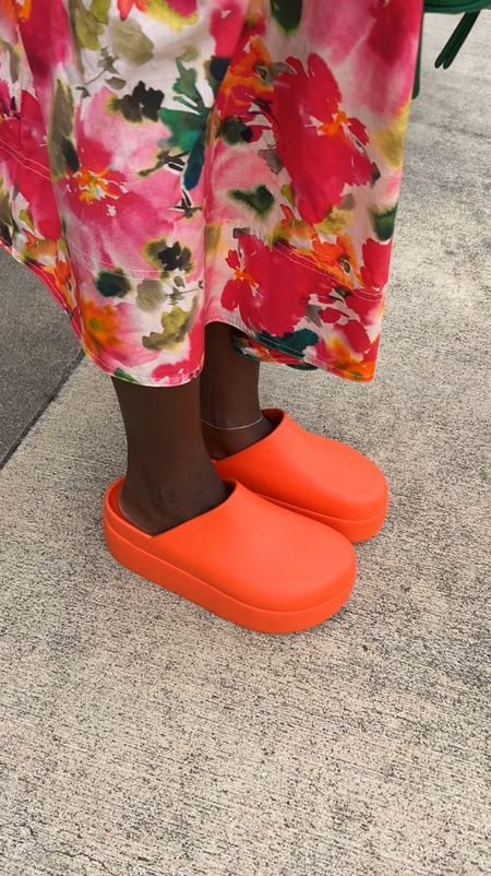 Spring outfit! New orange crocs platform clogs and floral pleated shirt dress  

#LTKshoecrush #LTKfindsunder100