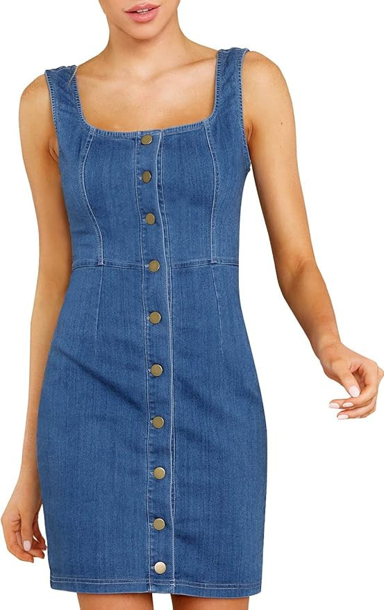 LookbookStore Women Sleeveless V Neck Button Down Frayed Hem Short Denim Dress | Amazon (US)