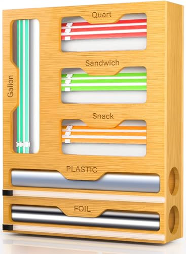 KOCWELL Bag Organizer and Plastic Wrap Dispenser with Cutter, 6 In 1 Bamboo Foil and Plastic Wrap Organizer for Kitchen Drawer, Food Storage Bag Organizer for Gallon,Quart,Sandwich,Snack(Yellow) | Amazon (US)