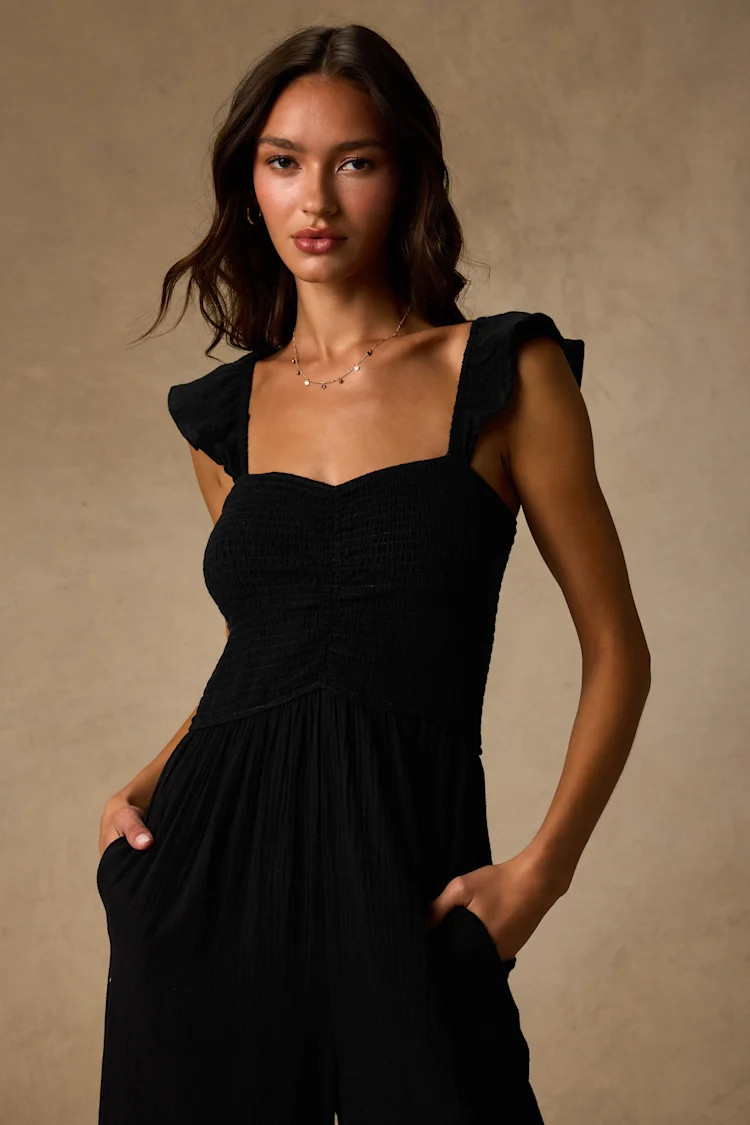 Daniyah Black Smocked Flutter Sleeve Wide-Leg Jumpsuit | Lulus