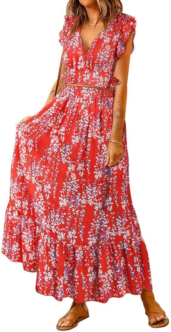 Dokotoo Women's Boho Dress Deep V Neck 2 Piece Skirt Sets Ruffle Cap Sleeve Tie Waist Wrap Chiffon F | Amazon (US)