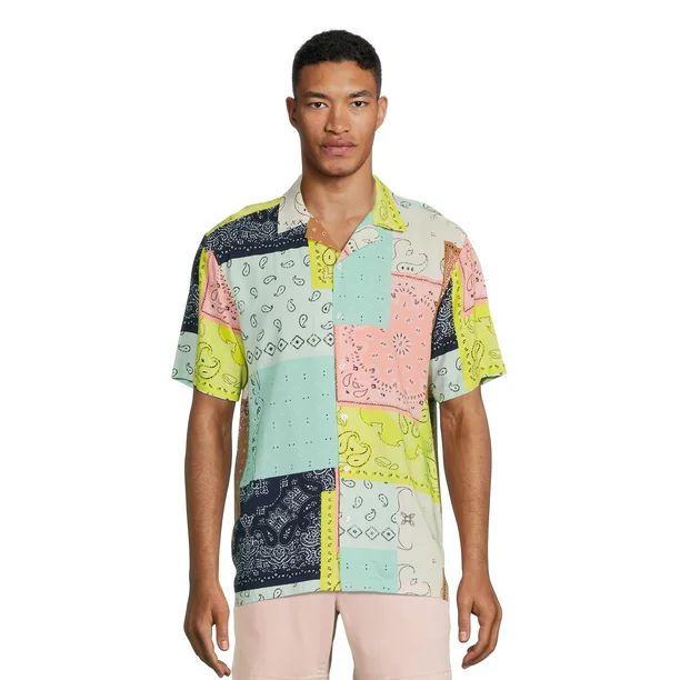 No Boundaries Men's Print Button Front Resort Shirt with Short Sleeves, Sizes XS-3XL | Walmart (US)