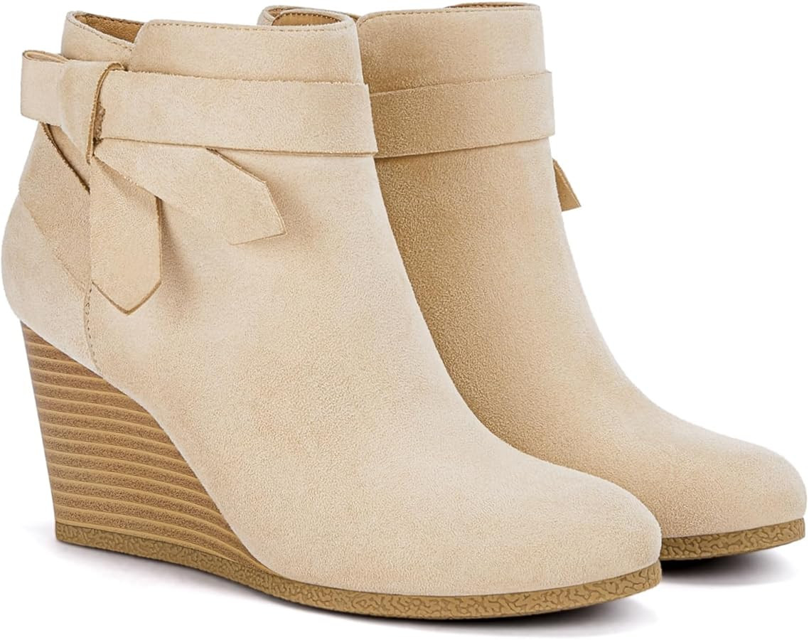 Coutgo Womens Wedge Booties Fall Ankle Boots Tie Knot Stacked Heeled Side Zipper Winter Dress Sho... | Amazon (US)