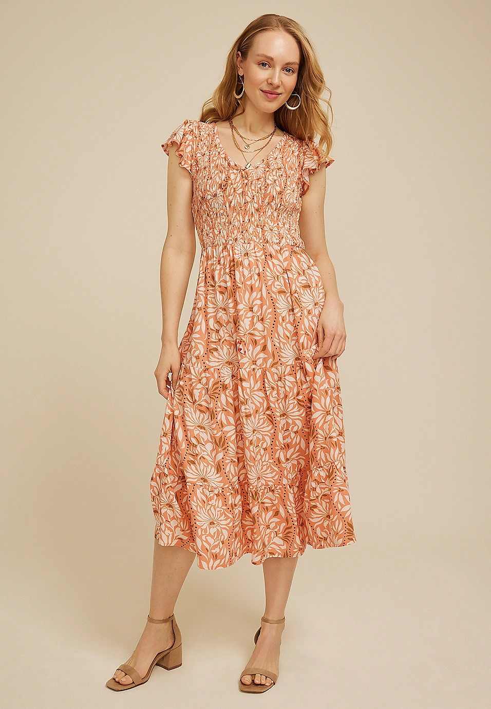 Smocked Flutter Sleeve Midi Dress | Maurices