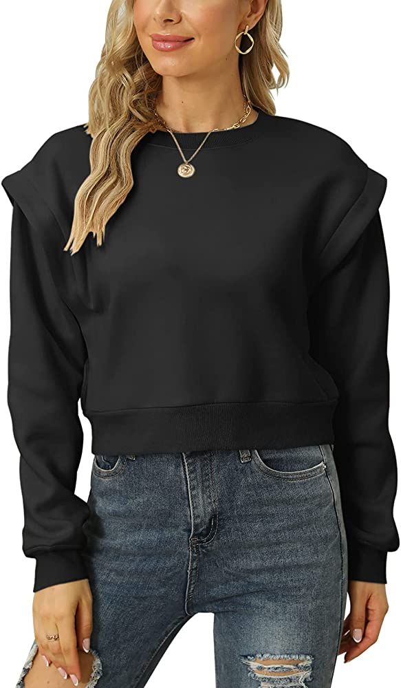 Cyanstyle Women Long Sleeve Crew Neck Fleece Lined Loose Crop Sweatershirt | Amazon (US)