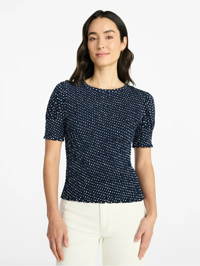Time and Tru Women's Smocked Top with Short Puff Sleeves, Sizes XS-XXXL | Walmart (US)