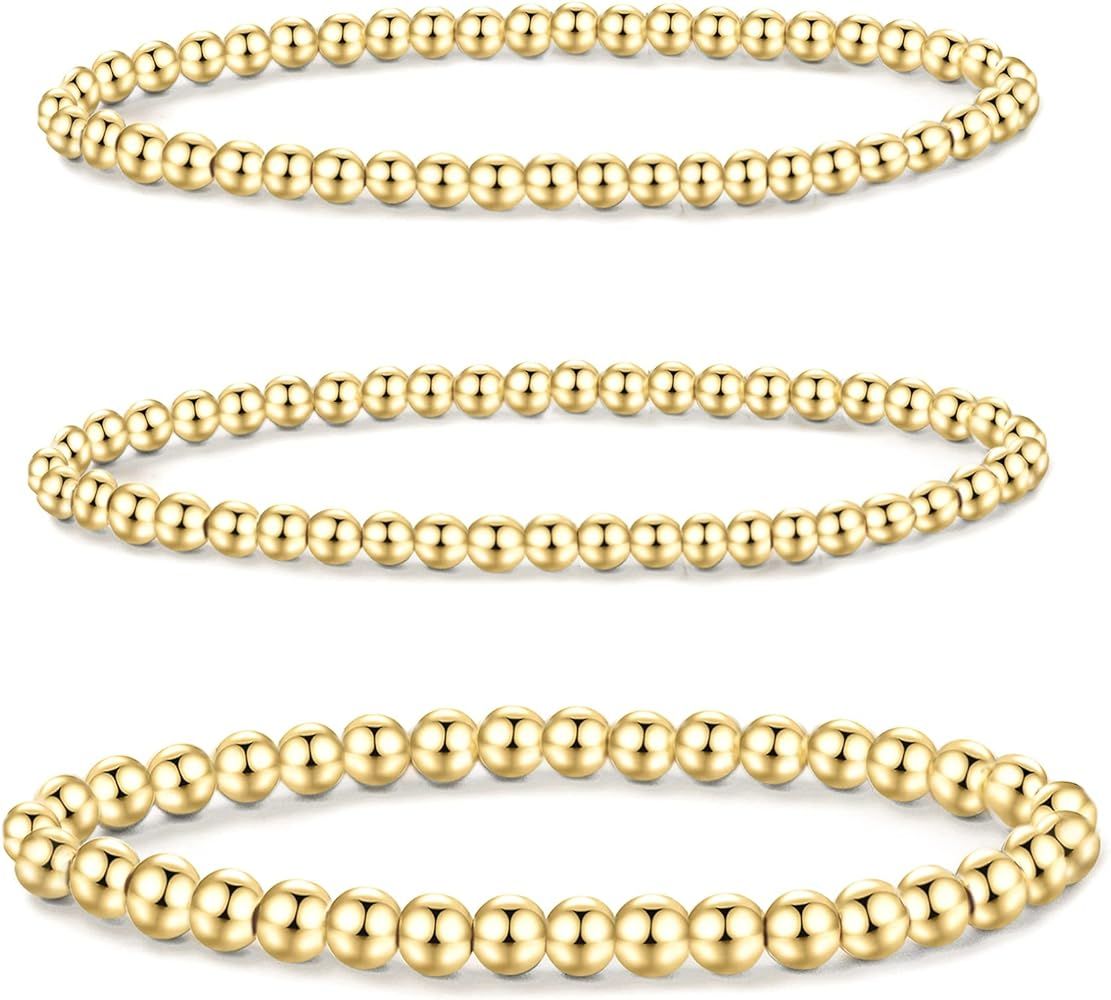 3-5 Pcs 14K Gold Plated Bead Ball Bracelet – Gold Beaded Bracelets for Women Stackable Stretch Elast | Amazon (US)