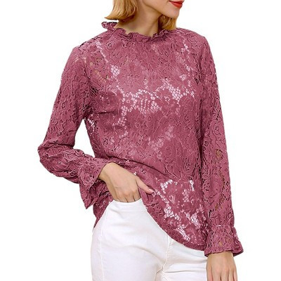 Anna-Kaci Women's Layering Lace Puffed Long Sleeve Sheer Blouse Top- Small, Mauve | Target