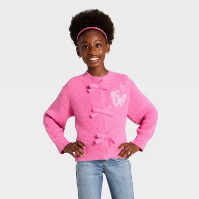 Wicked x Katie Kime Girls' Butterfly Embroidered Cardigan - Dark Pink S | Target