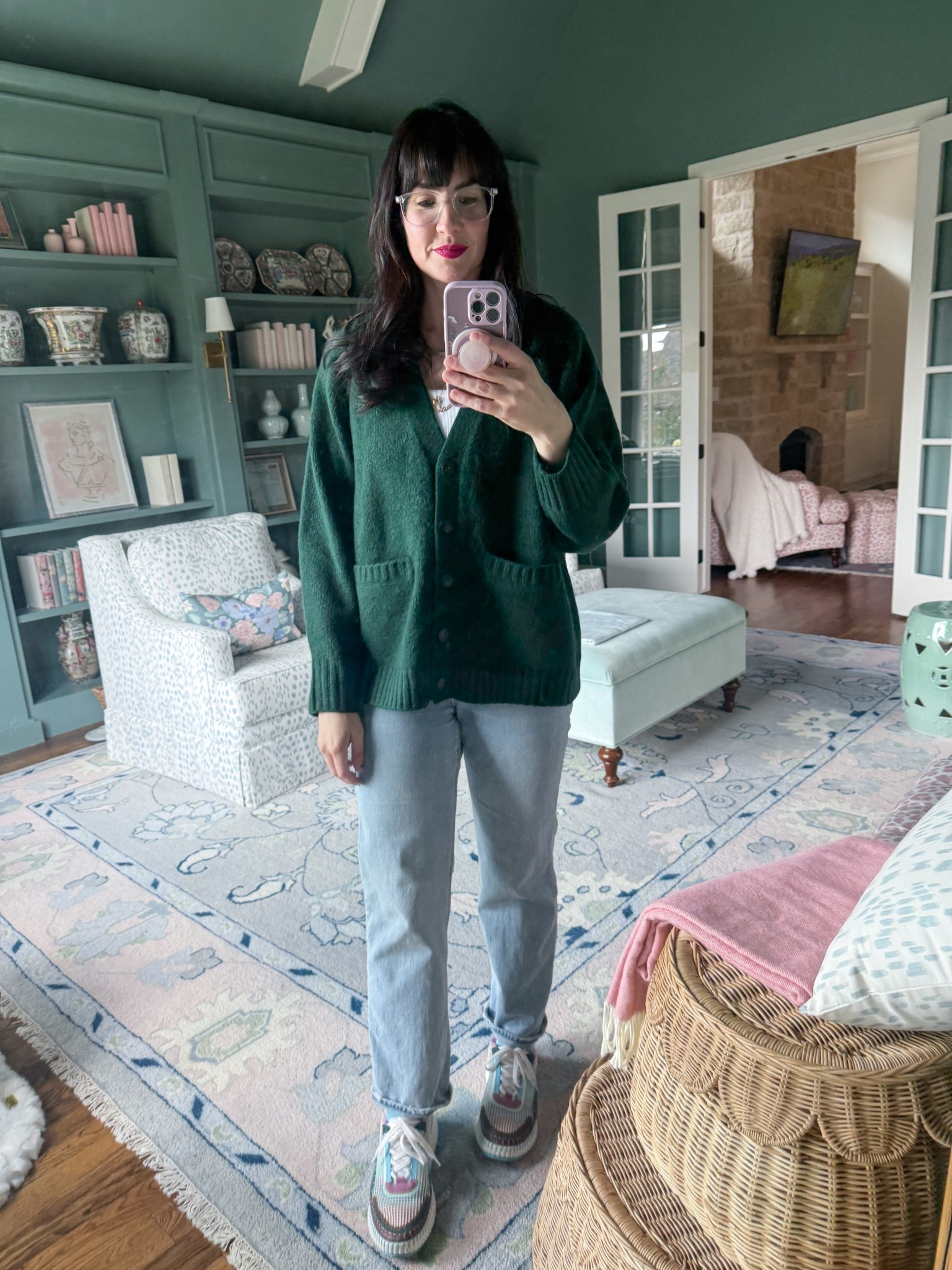 Pine green grandpa cardigan, straight leg jeans, sneakers, glasses 

#HOCWinter