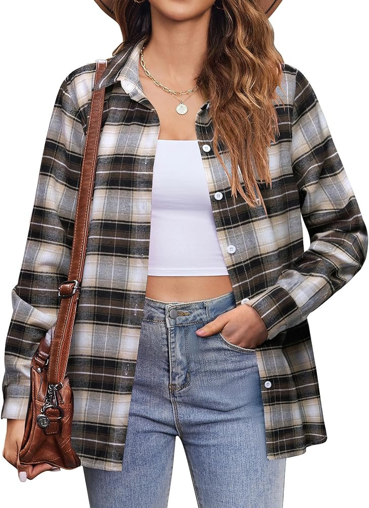 Zeagoo Flannel Shirt Women Button Down Long Sleeve Plaid Shirts Collared 2025 Casual Work Tops S-... | Amazon (US)