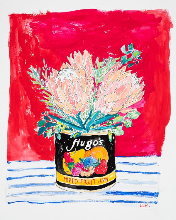 600 Other Uses for Jam: Protea Bouquet in Hugo's Mixed Fruit Jam Tin Floral Still Life Painting | Artfully Walls