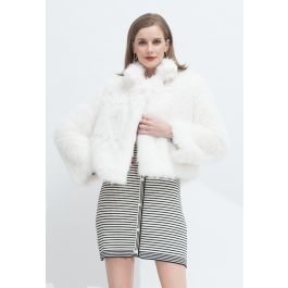 Fluffy Faux Fur Collared Crop Coat in White | Chicwish