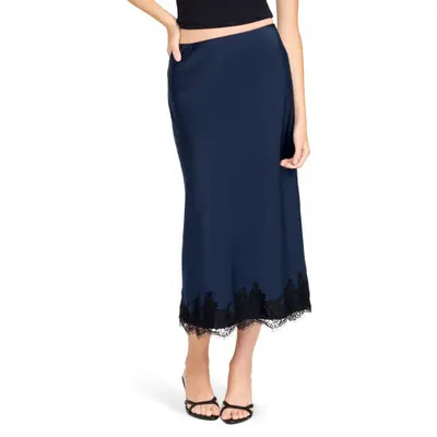 WAYF Vienna Lace Trim Satin Skirt in Navy at Nordstrom, Size Medium | Nordstrom