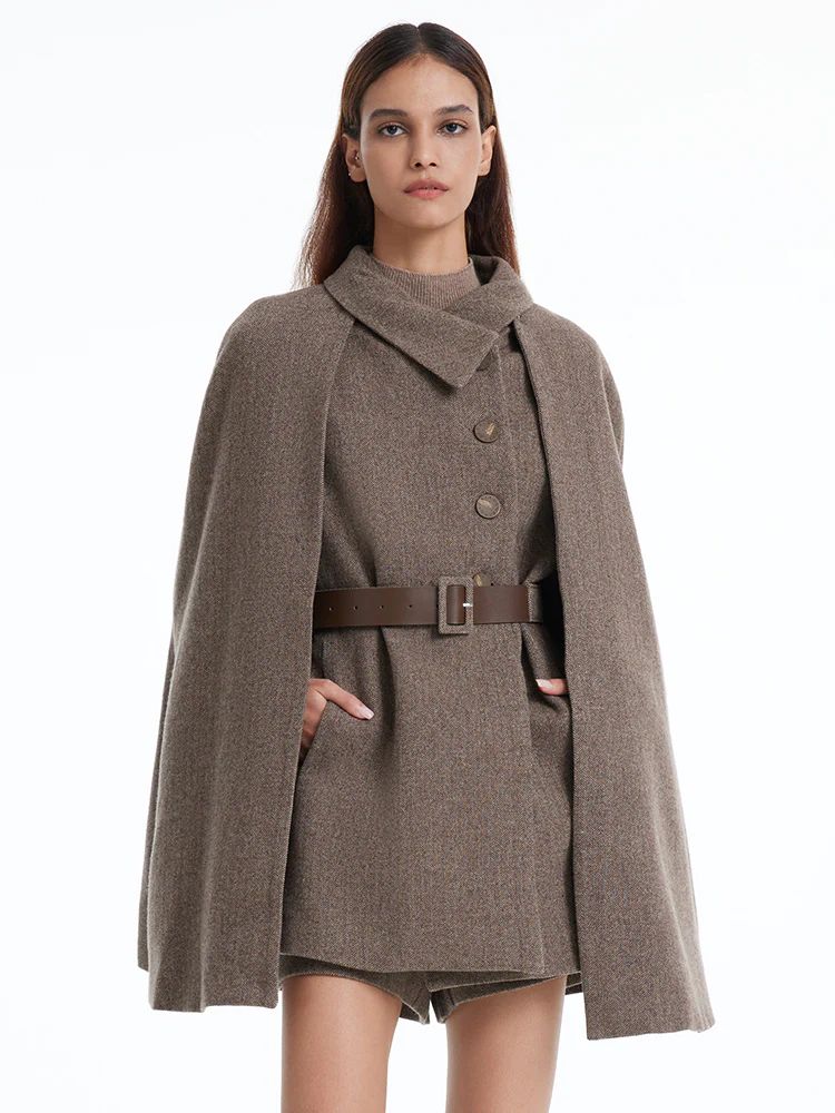 Coffee Brown Washable Wool Cloak And Vest Two-piece Set | GoeliaGlobal