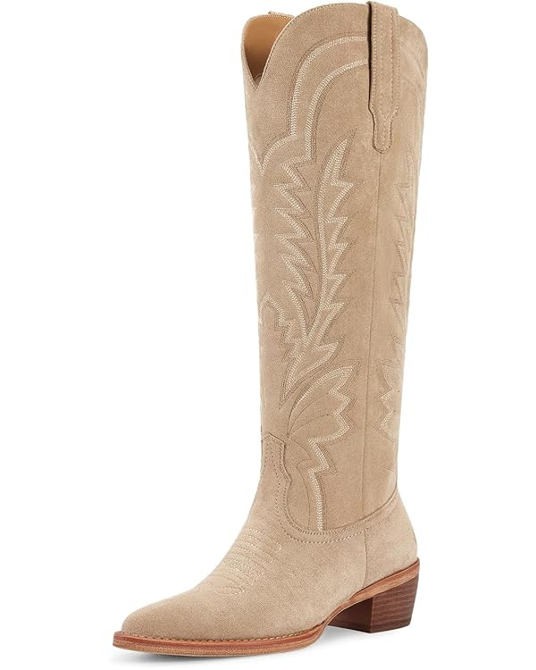 ISNOM Cowboy Boots for Women Knee High Cowgirl Boots with Classic Embroidered Pointed Toe Chunky ... | Amazon (US)