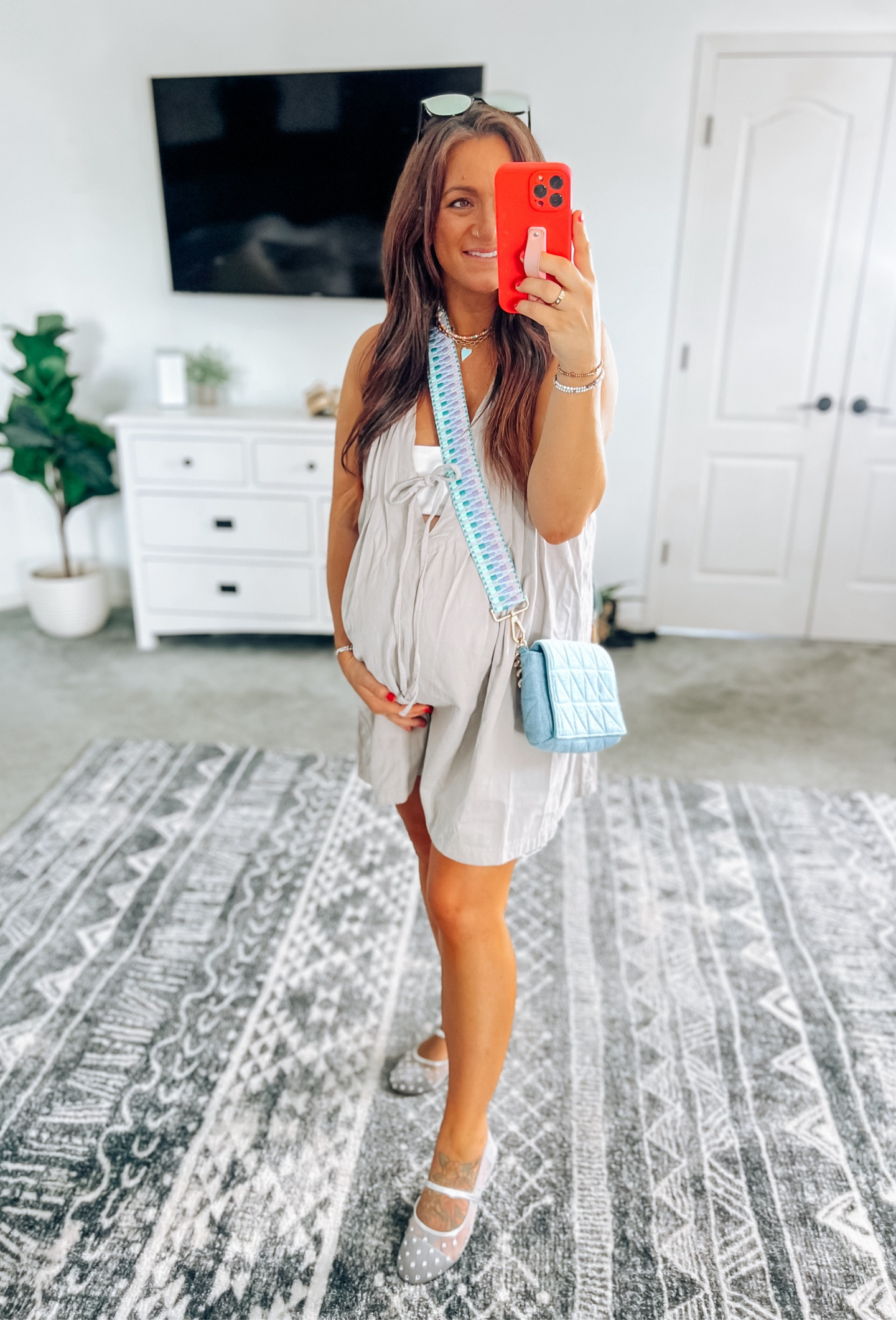 New Amazon release romper! Non maternity, but bump friendly! (37 weeks here) Could size down if not pregnant otherwise it will be a very oversized FP look. Loving the ballet core trend 😍 I also have this studded pair in the red! I sized up half. Such a cute option for the workplace! 

#LTKBump #LTKShoeCrush #LTKStyleTip