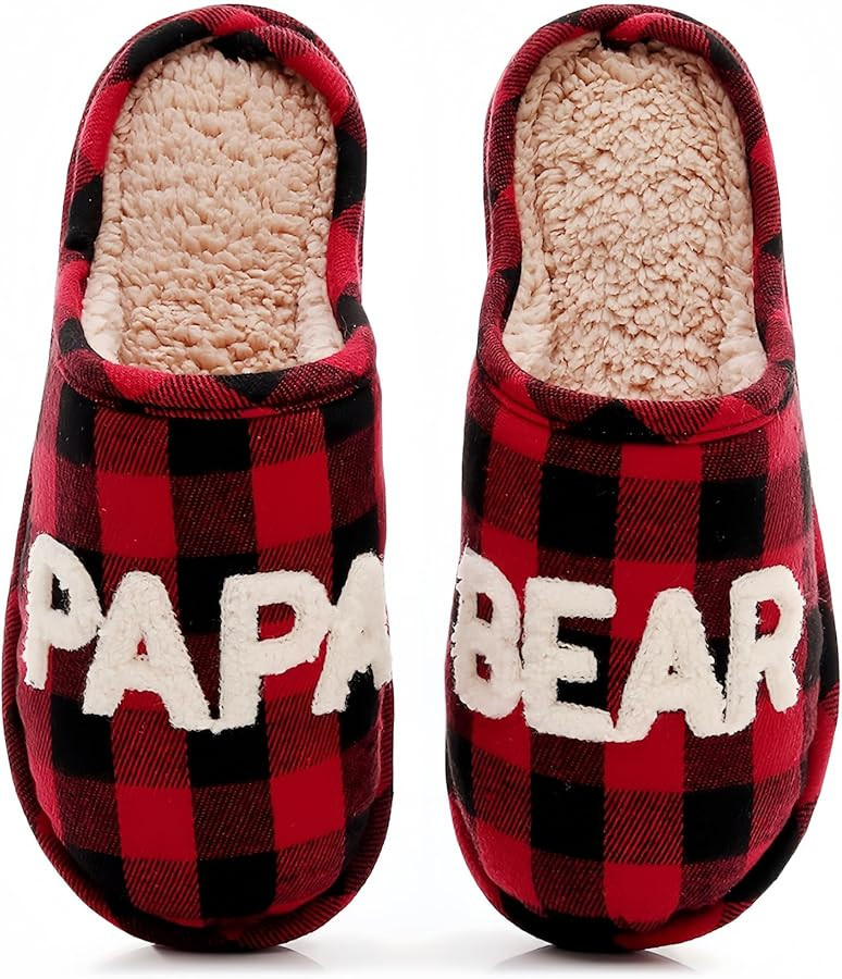 MOLITASSE Christmas Couple Slippers Mama Papa Bear Design Buffalo Plaid Plush House Shoes Warm Fu... | Amazon (US)