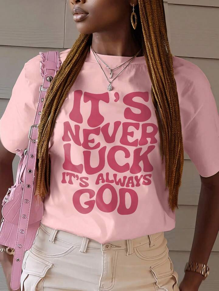 INAWLY Solva Women's Slogan Print Round Neck Short Sleeve Casual Versatile T-Shirt | SHEIN