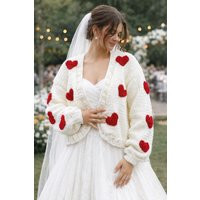 Hand Knit Wedding Cardigan With Red Hearts - Bridal Sweater, Romantic Cover Up, Handmade Gift For Bride | Etsy (US)