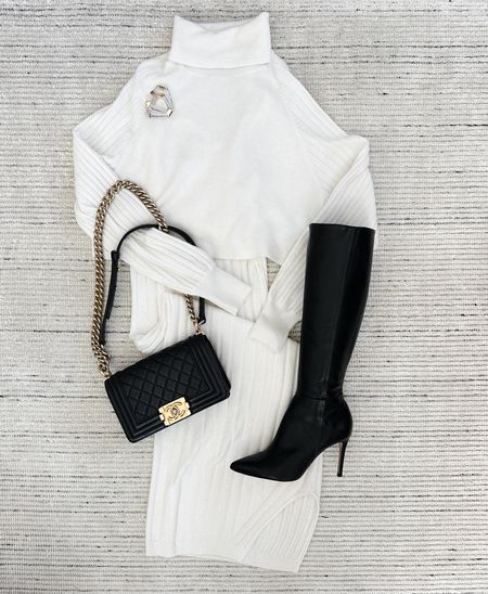 Winter business casual workwear with white midi sweater dress with cropped turtleneck sweater and black knee high boots. Can be dressed warmer with a coat and is perfect for workwear, holiday outfits and date night! 

#LTKworkwear #LTKSeasonal #LTKstyletip