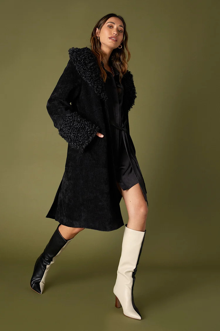 Snowy Season Black Corduroy Faux Fur Trim Coat | Lulus (US)