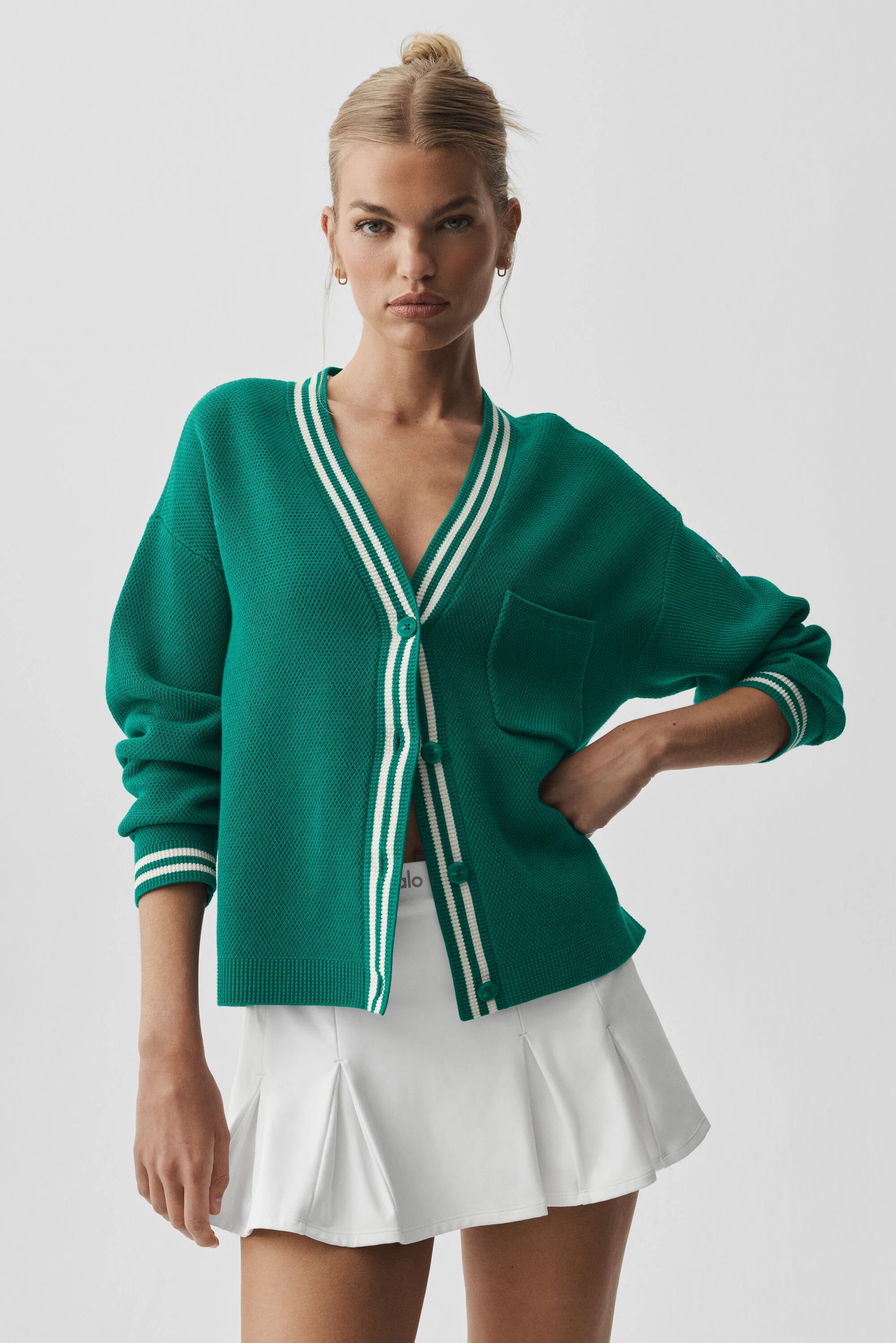 ALO | Tennis Club Sweater Knit Cardigan Top in Emerald Isle/Ivory, Size: Large | Alo Yoga