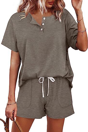 WIHOLL Two Piece Outfits for Women Lounge Sets Button Down Top and Shorts Set Sweatsuits with Poc... | Amazon (US)