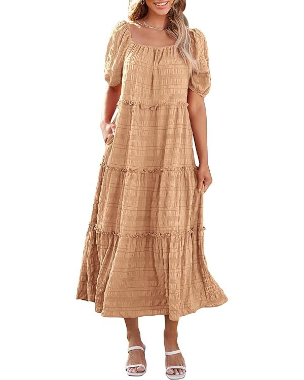 PRETTYGARDEN Women's Summer Maxi Dress Short Sleeve Square Neck Ruffle Tiered Flowy Casual Boho L... | Amazon (US)