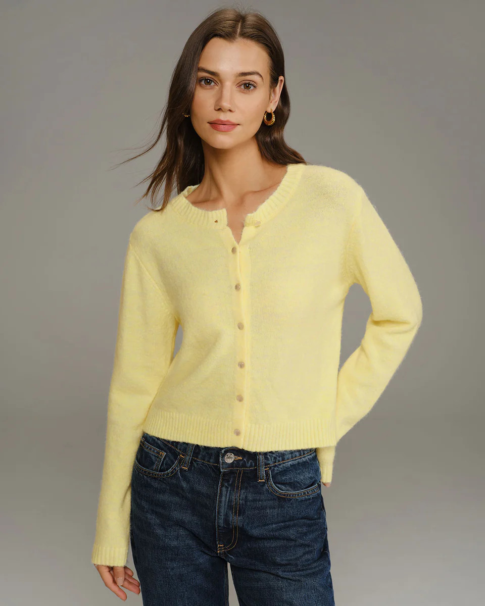 Yellow Round Neck Knit Cardigan | rihoas.com