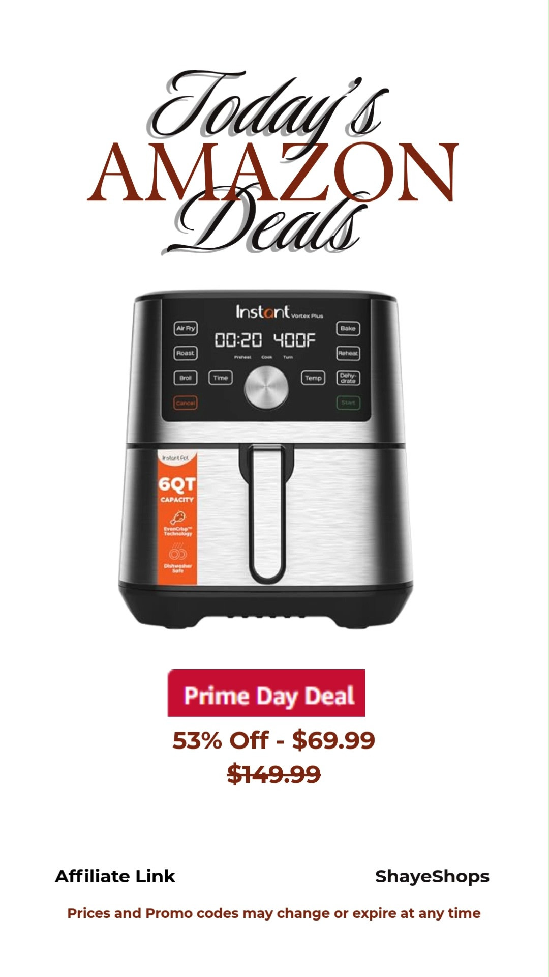 Instant Pot 6QT VORTEX Plus Air Fryer, 6-in-1, Air Fry, Broil, Dehydrate, Crisp, Roast, Reheat, Bake, Dishwasher-Safe Airfryer basket, Stainless Steel, home, gadgets, amazon prime deal, kitchen and dining 

 #LTKfoodie #LTKHome #LTKSaleAlert