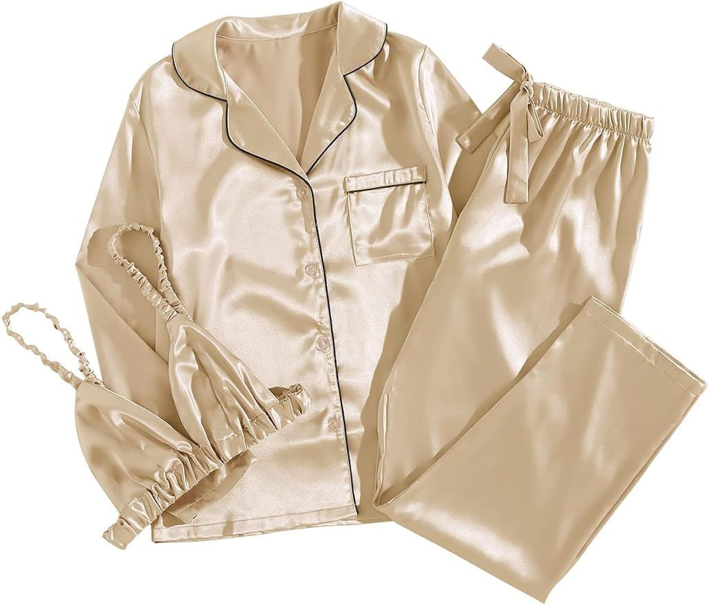LYANER Women's 3Pcs Pajamas Satin Cami Top and Long Sleeve Shirt with Pants Sleepwear Set | Amazon (US)