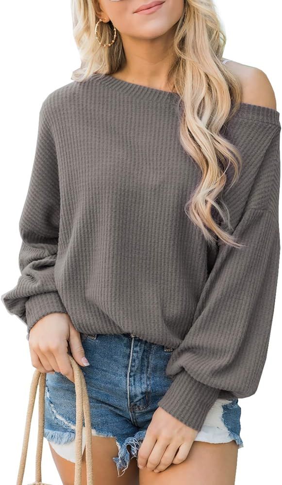 iGENJUN Women's Off Shoulder Batwing Sleeve Loose Pullover Sweater Tops | Amazon (US)