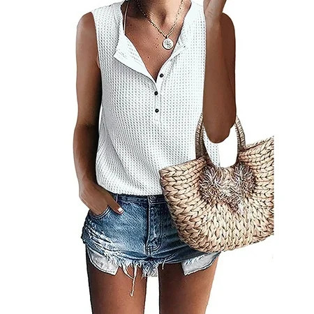 Sexy Dance Women s Waffle Knit Tank Tops Loose V Neck Button Up Henley Shirts Blouses Vest Camisole | Walmart (US)