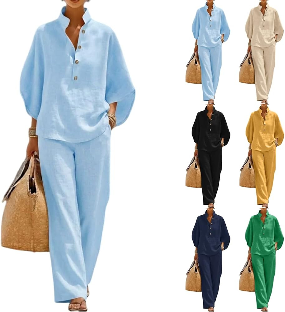 Women'S Batwing Sleeve Linen Cotton Two Piece Set Casual Shirt & Wide Leg Pants 2026 Summer Trend... | Amazon (US)