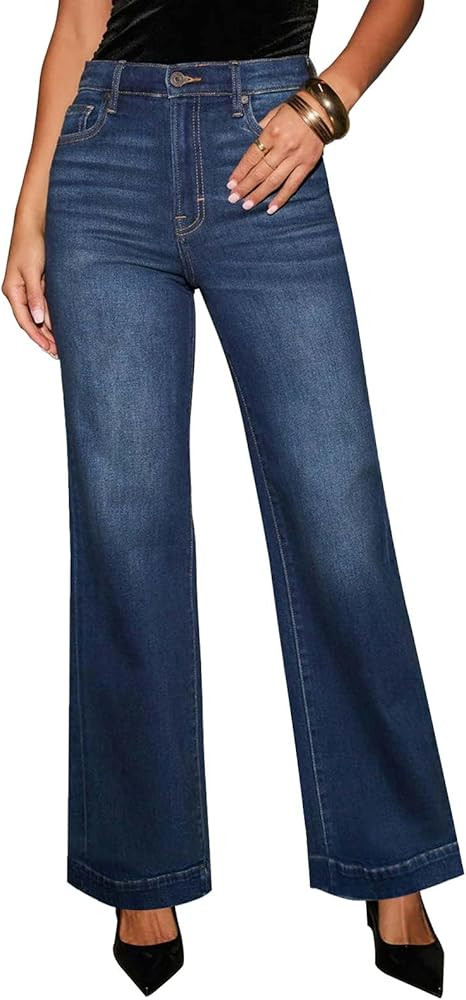 KUNMI Women's Wide Leg Jeans High Waisted Straight Leg Stretchy Denim Pants with Pockets | Amazon (US)