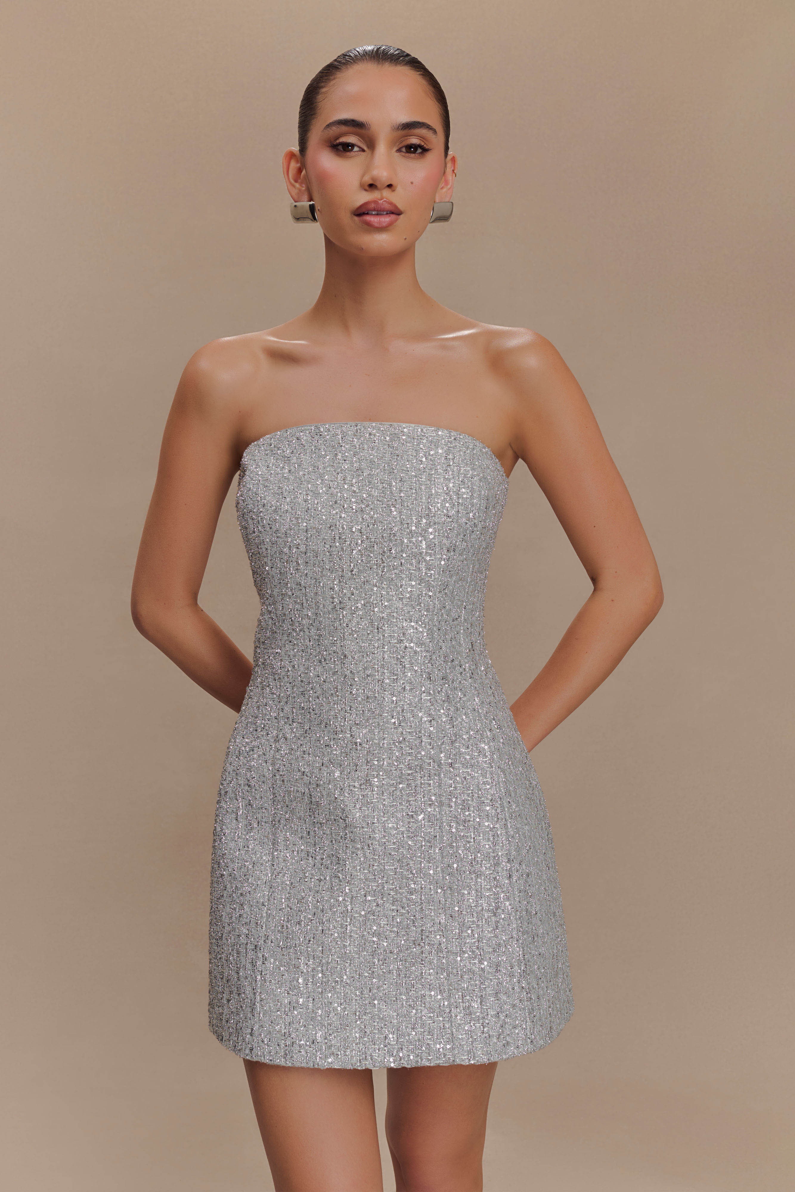 Gala Strapless Tweed Mini Dress - Silver | MESHKI US