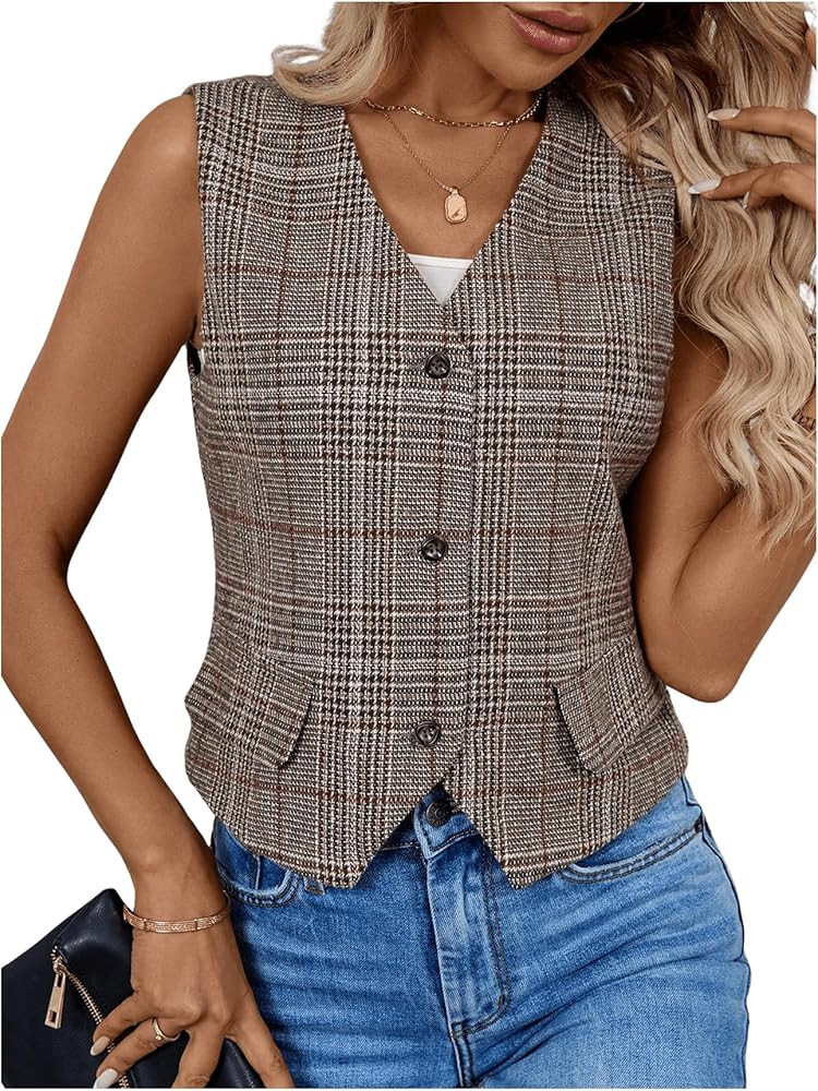 Milumia Women's Plaid V Neck Vest Single Breasted Sleeveless Work Blazer Jacket | Amazon (US)