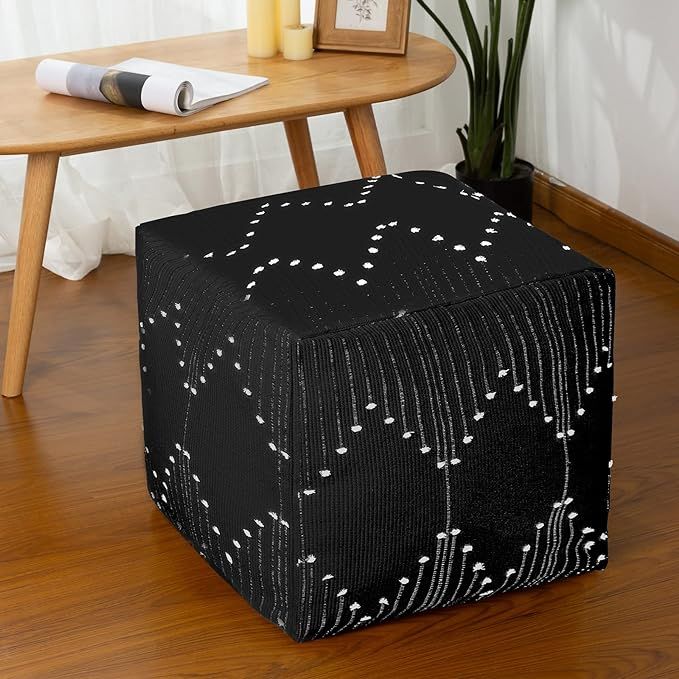 Black Boho Unstuffed Pouf Cover for Living Room, Neutral Off White Casual Ottoman Pouf Footstool,... | Amazon (US)